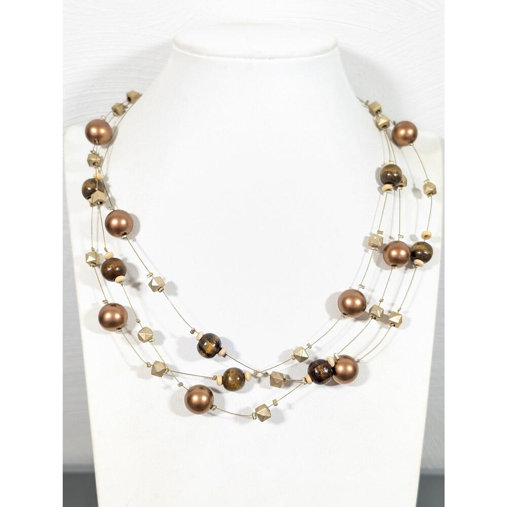 Lane Bryant Brown Wood Gold Tone Station Multi Chain Necklace Boho 22 in